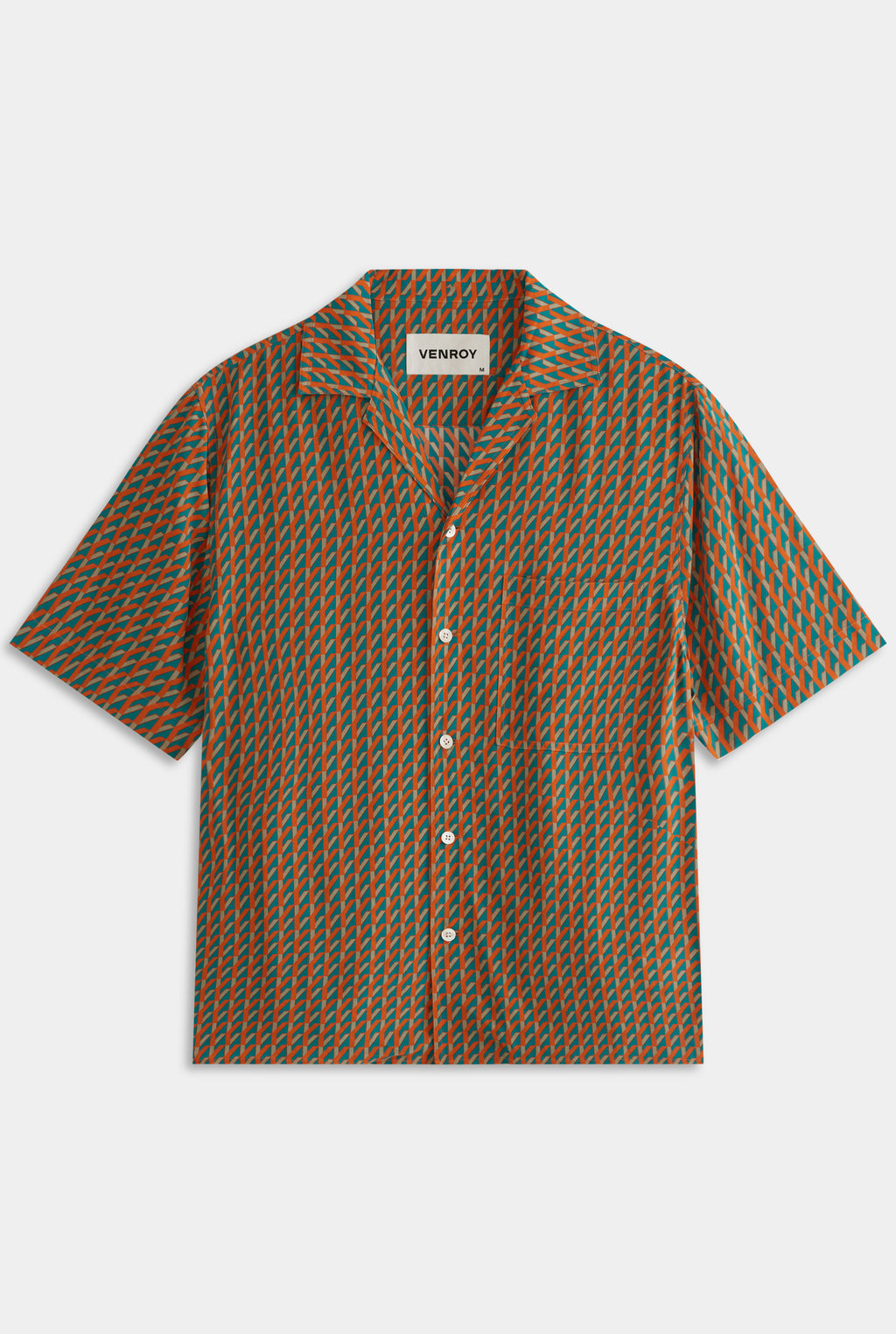 Short Sleeve Silk Camp Collar Shirt - Bright Orange/Teal V Monogram