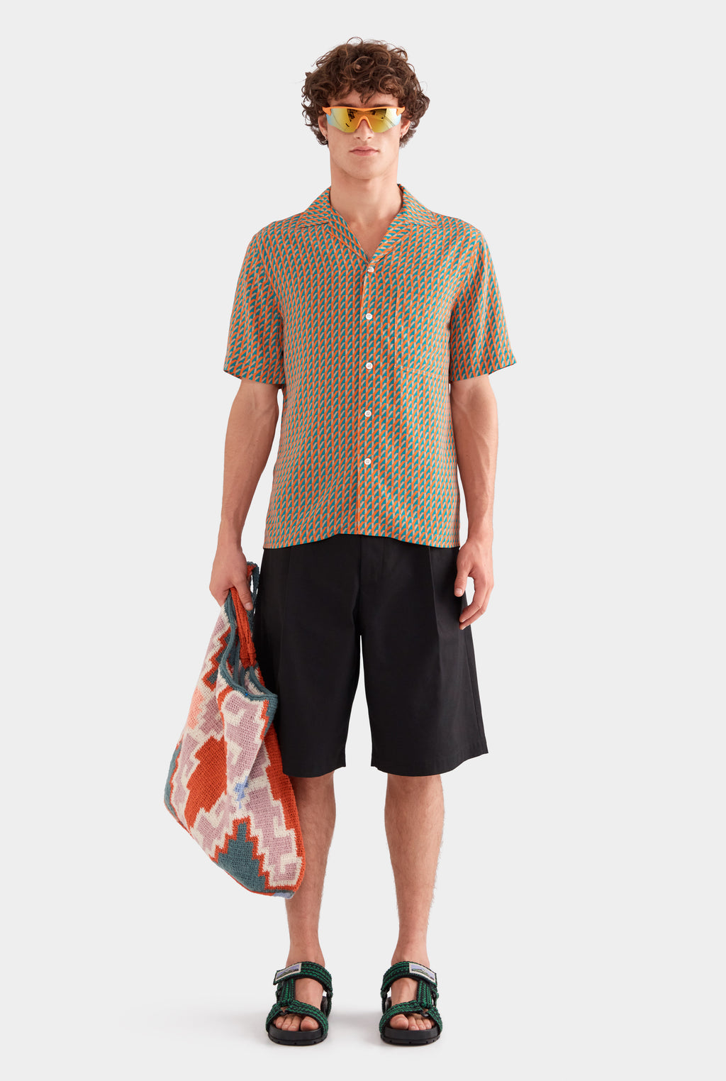 Short Sleeve Silk Camp Collar Shirt - Bright Orange/Teal V Monogram