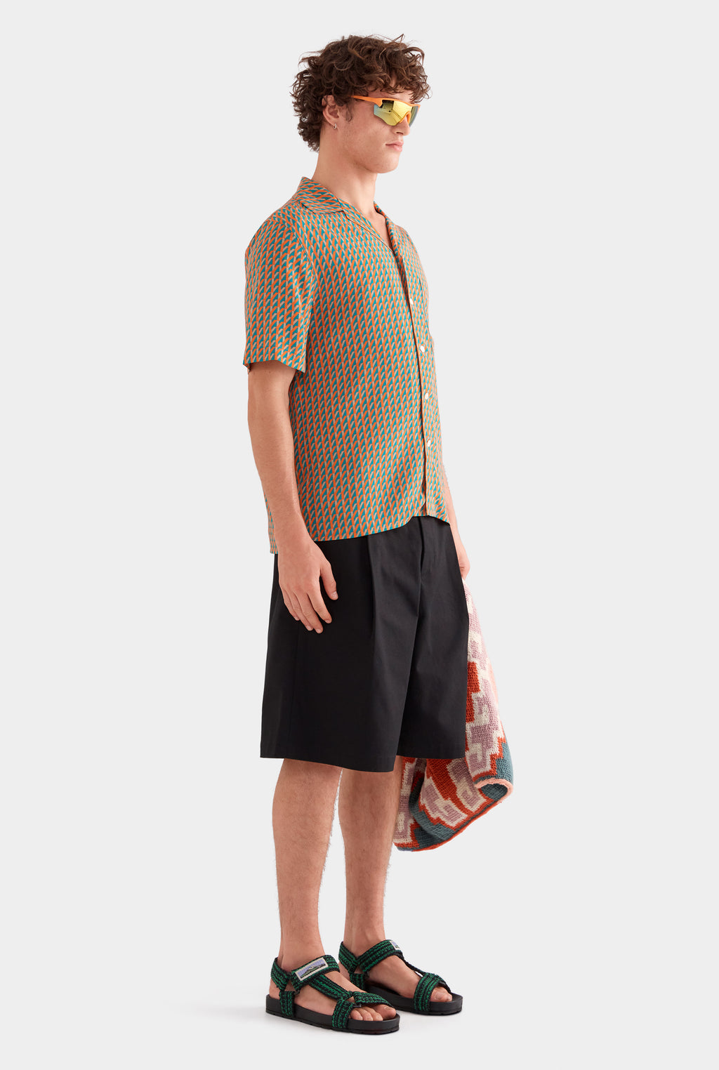 Short Sleeve Silk Camp Collar Shirt - Bright Orange/Teal V Monogram