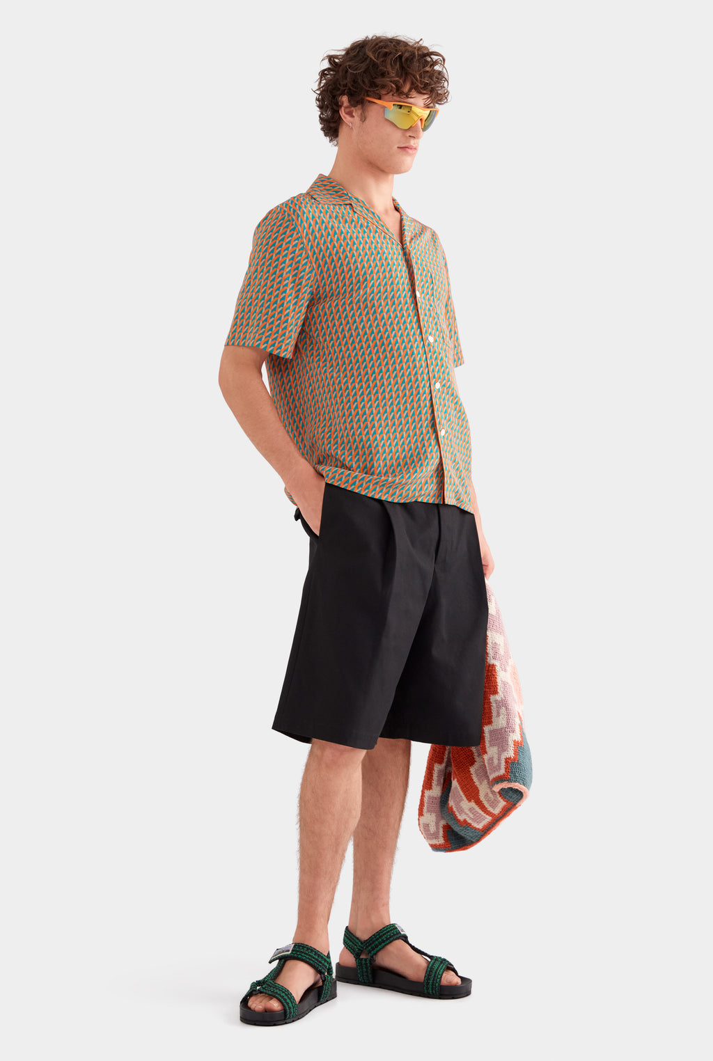 Short Sleeve Silk Camp Collar Shirt - Bright Orange/Teal V Monogram