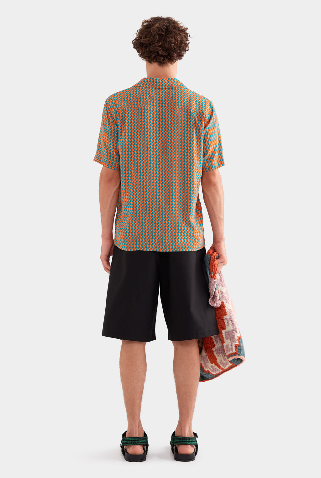 Short Sleeve Silk Camp Collar Shirt - Bright Orange/Teal V Monogram