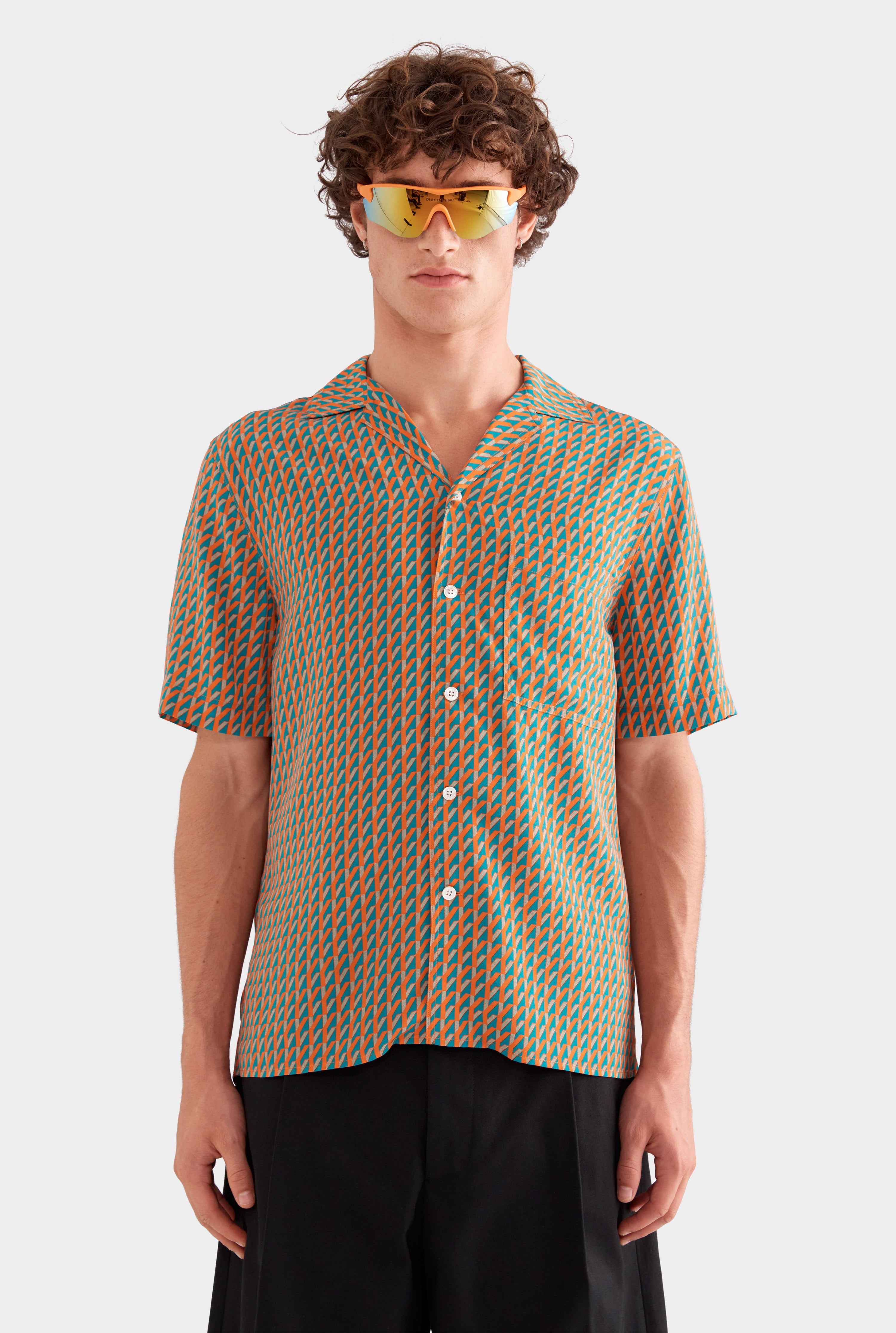 Short Sleeve Silk Camp Collar Shirt - Bright Orange/Teal V Monogram