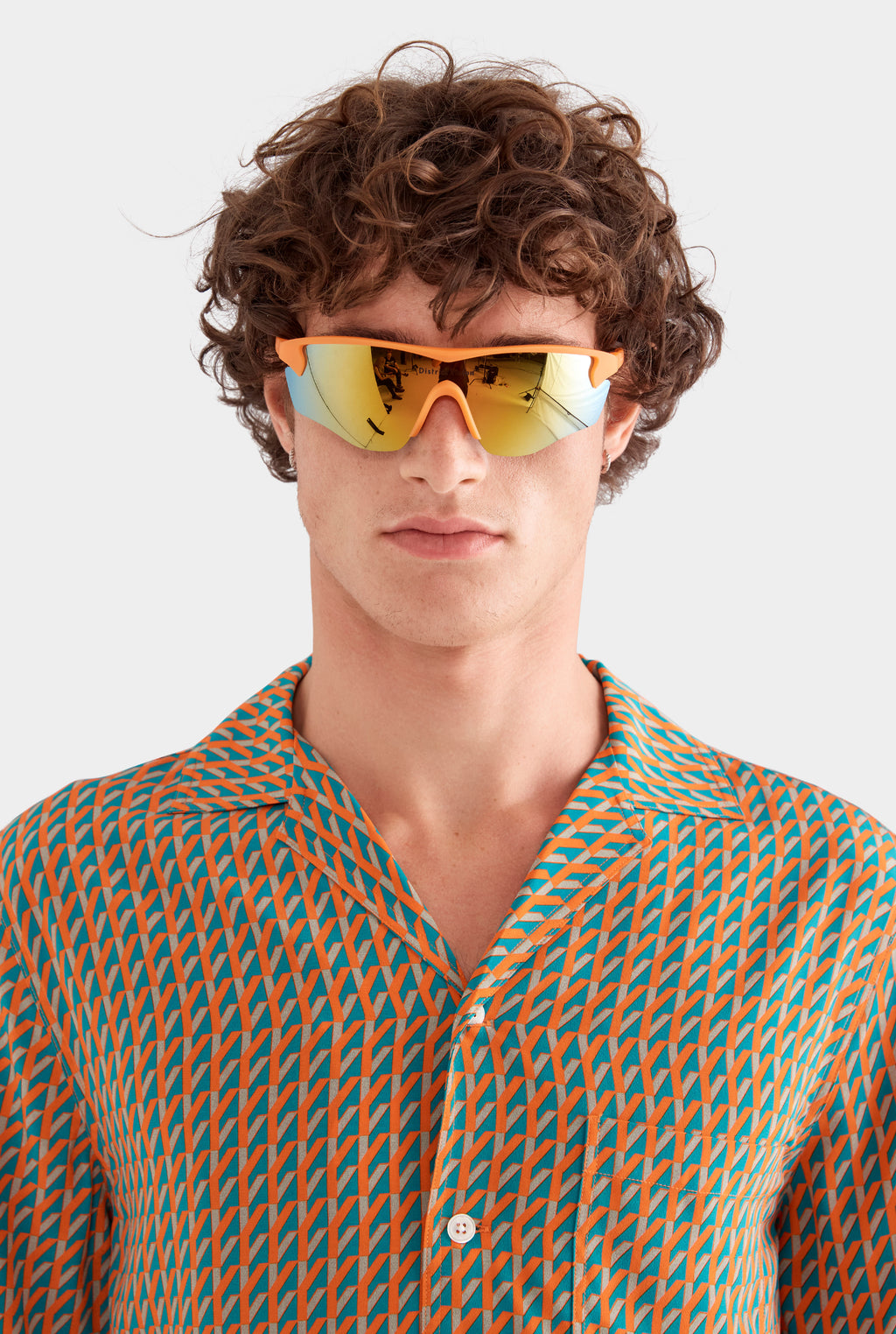 Short Sleeve Silk Camp Collar Shirt - Bright Orange/Teal V Monogram