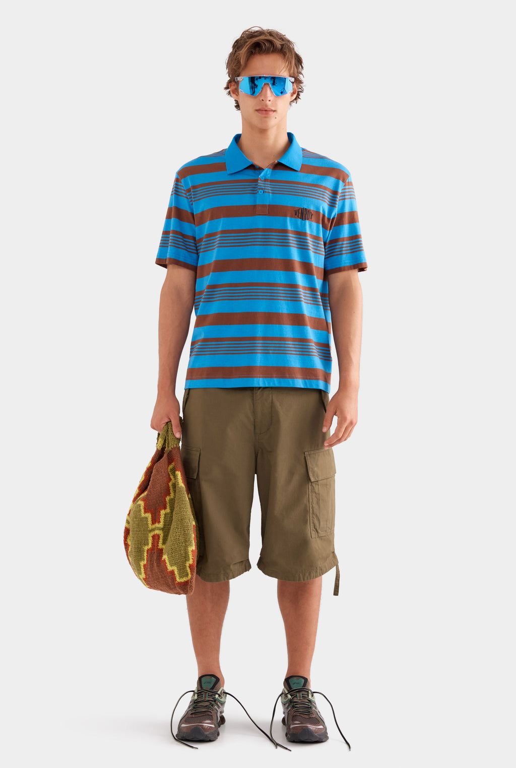 Short Sleeve Striped Cotton Polo - Bright Blue/Chocolate Stripe