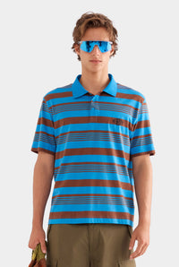 Short Sleeve Striped Cotton Polo - Bright Blue/Chocolate Stripe