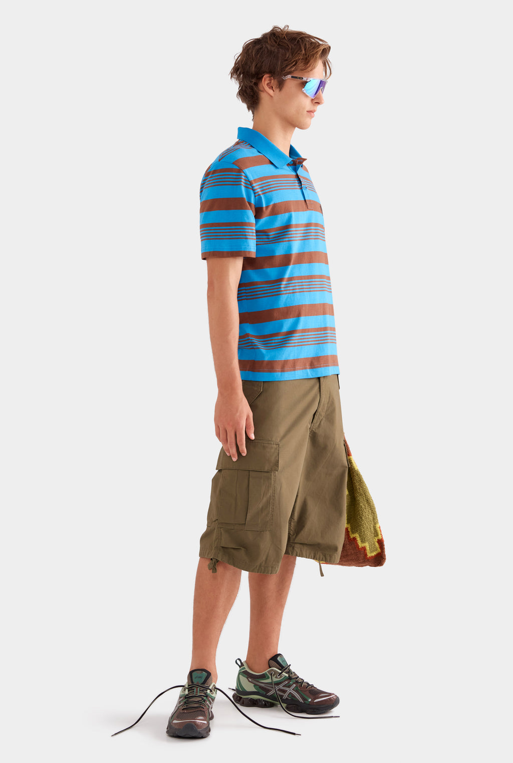 Short Sleeve Striped Cotton Polo - Bright Blue/Chocolate Stripe