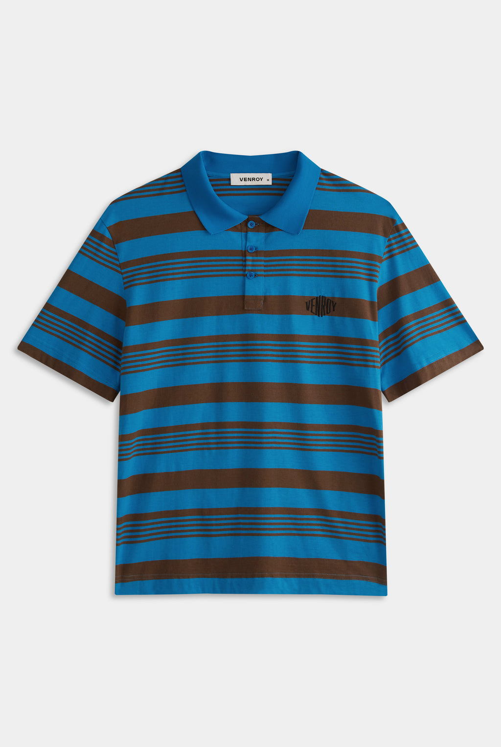 Short Sleeve Striped Cotton Polo - Bright Blue/Chocolate Stripe