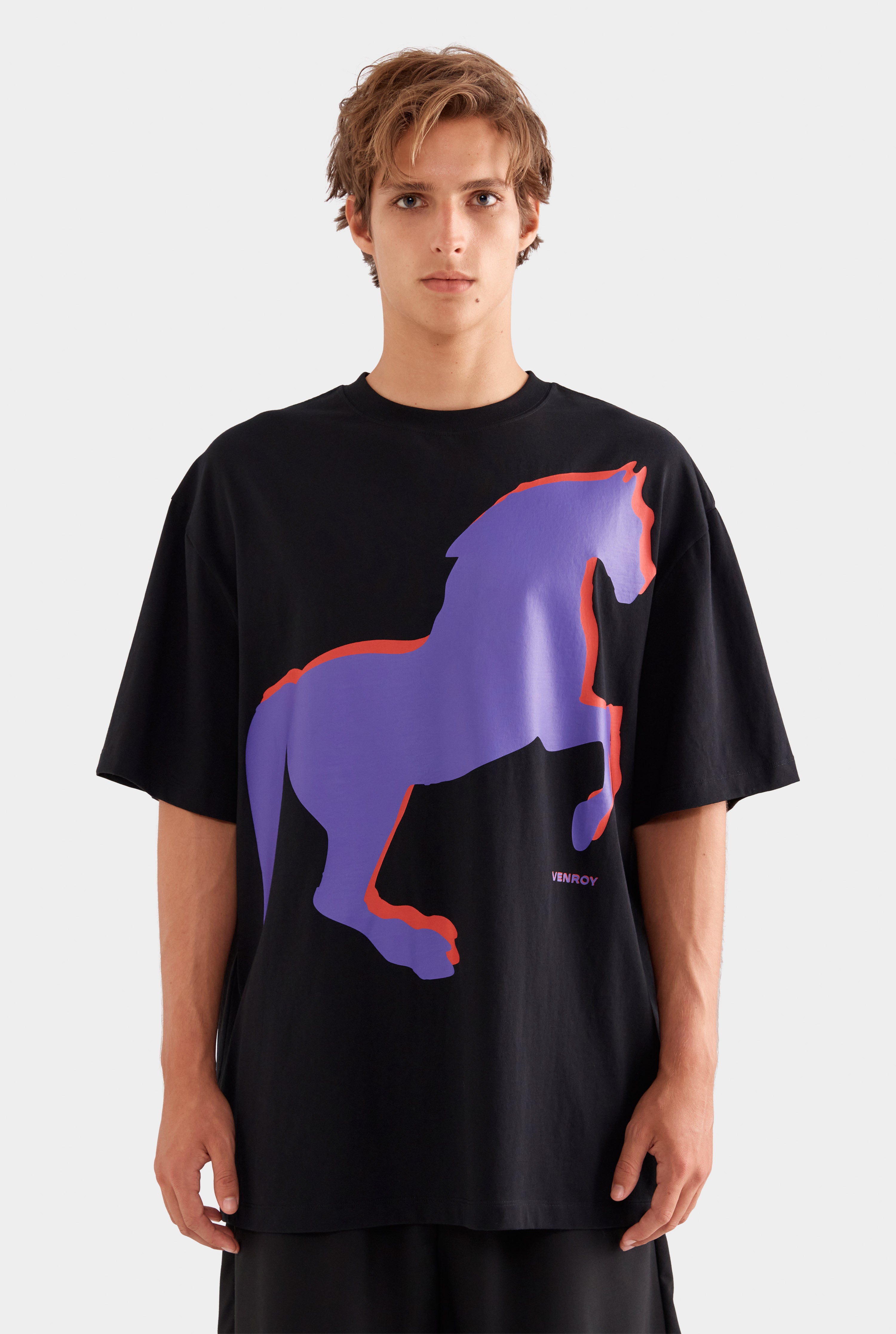 Supersized Cotton T Shirt - Black/Horse Stamp