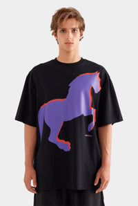Supersized Cotton T Shirt - Black/Horse Stamp