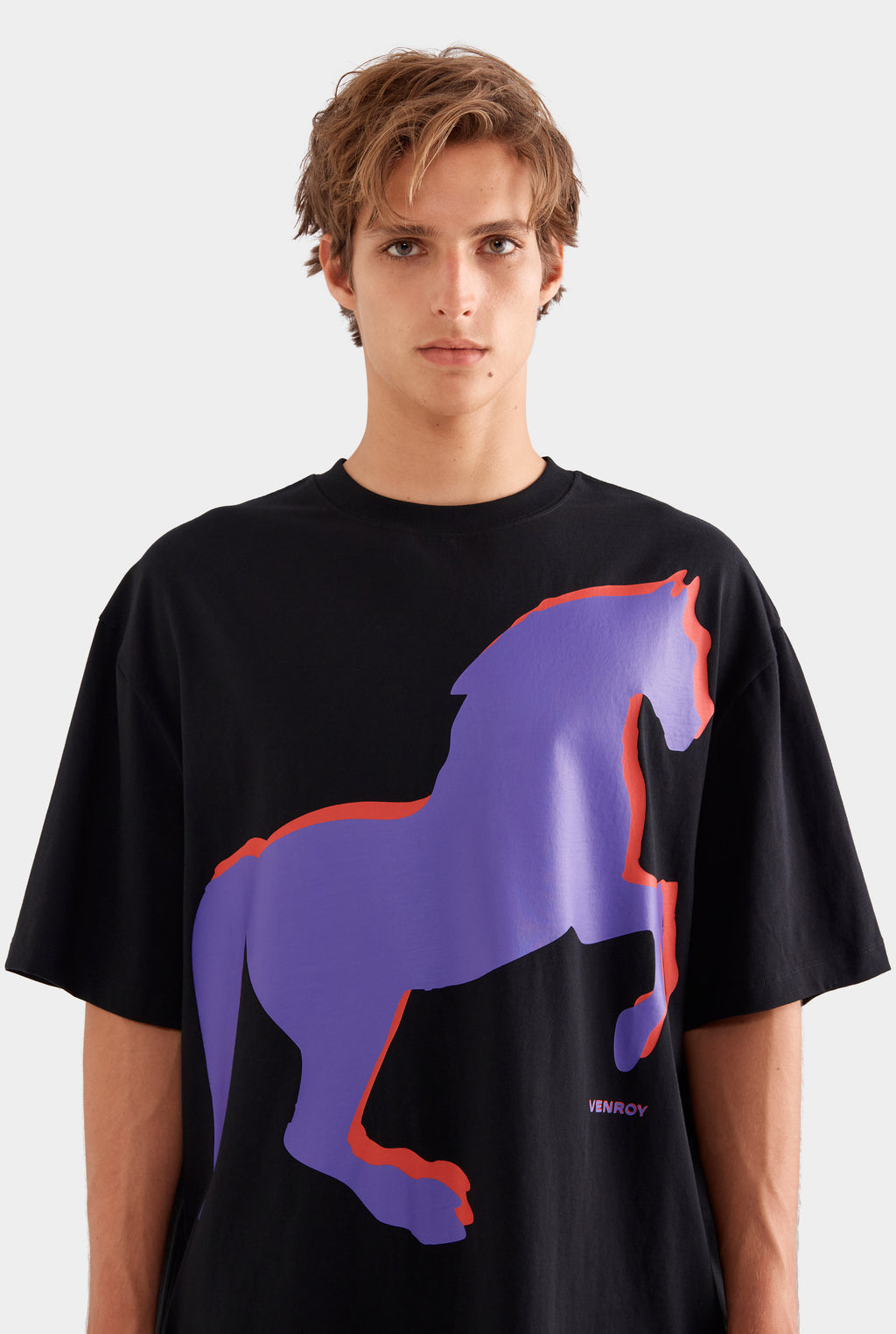 Supersized Cotton T Shirt - Black/Horse Stamp