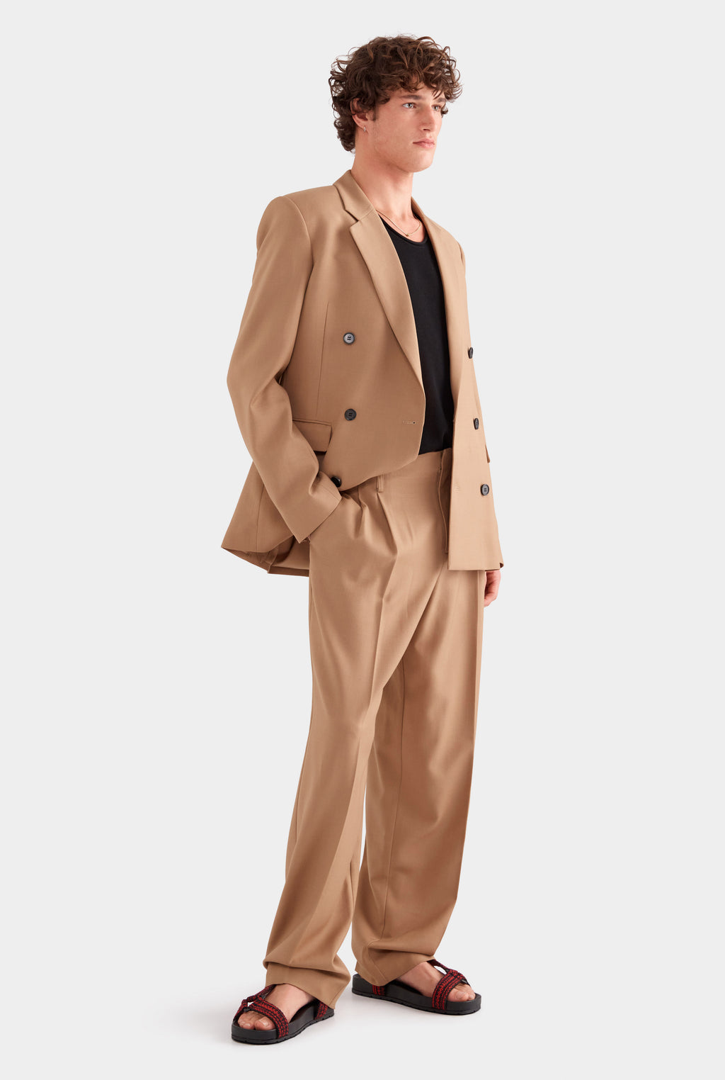 Tailored Wool Double Breasted Suit Jacket - Camel
