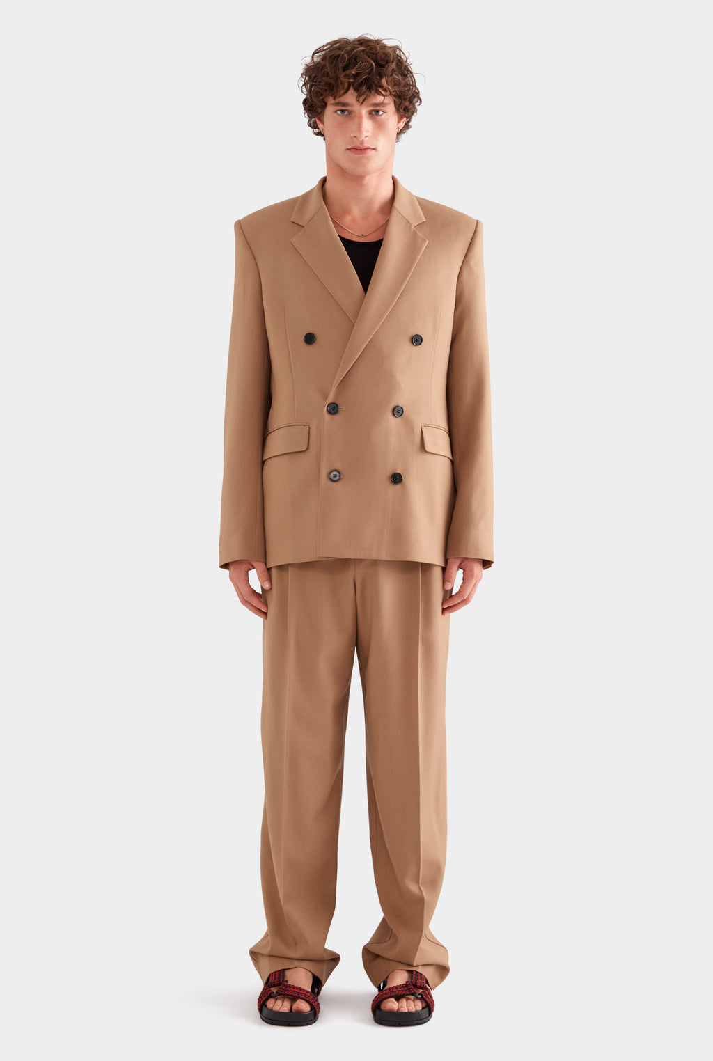 Tailored Wool Double Breasted Suit Jacket - Camel