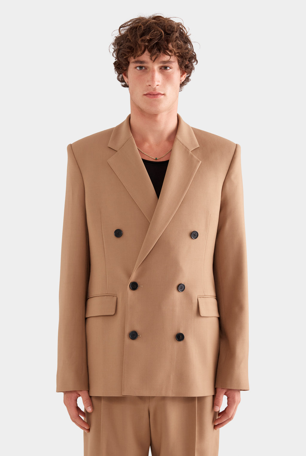 Tailored Wool Double Breasted Suit Jacket - Camel