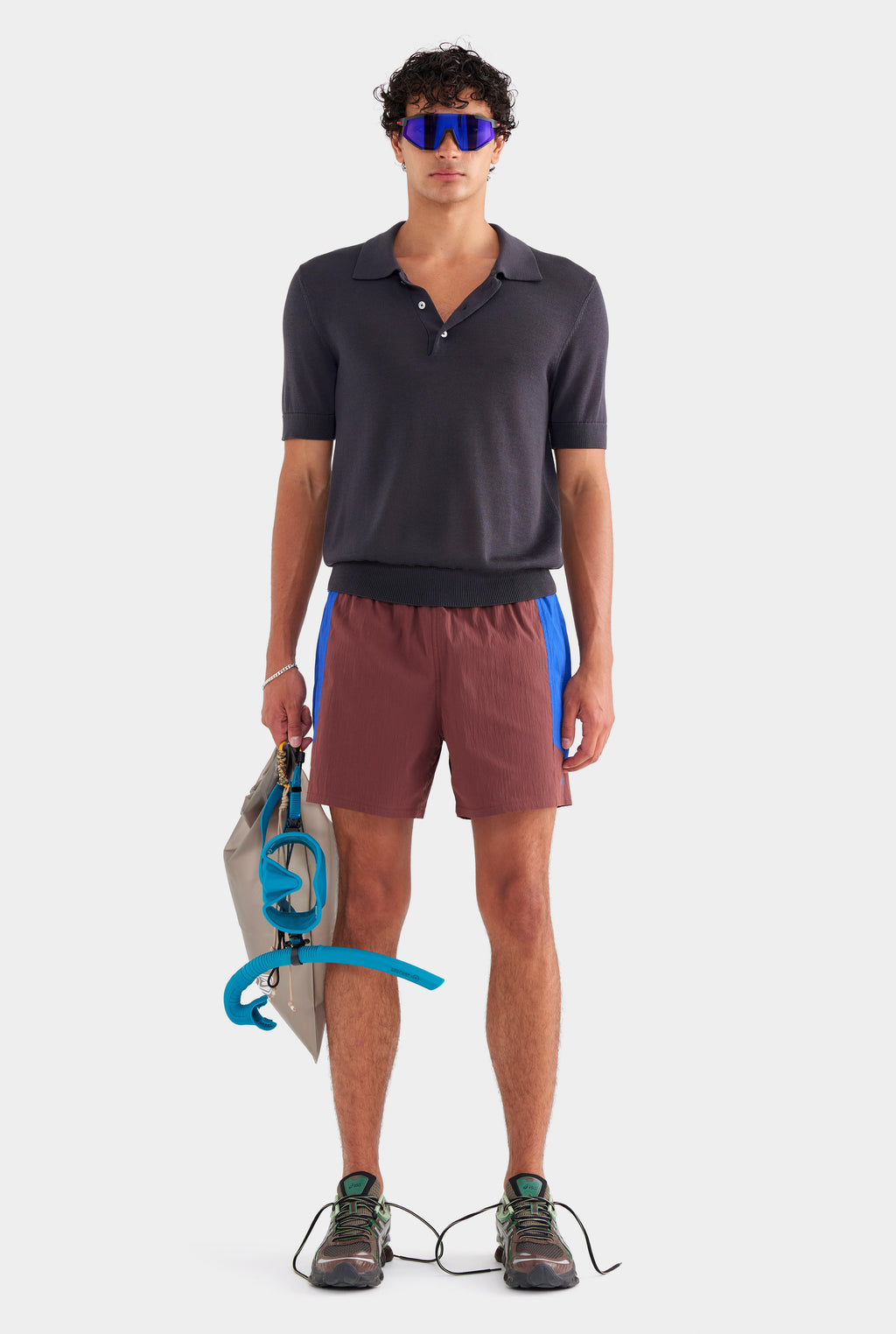 Panelled Nylon Track Shorts - Mahogany Brown/Sapphire Blue