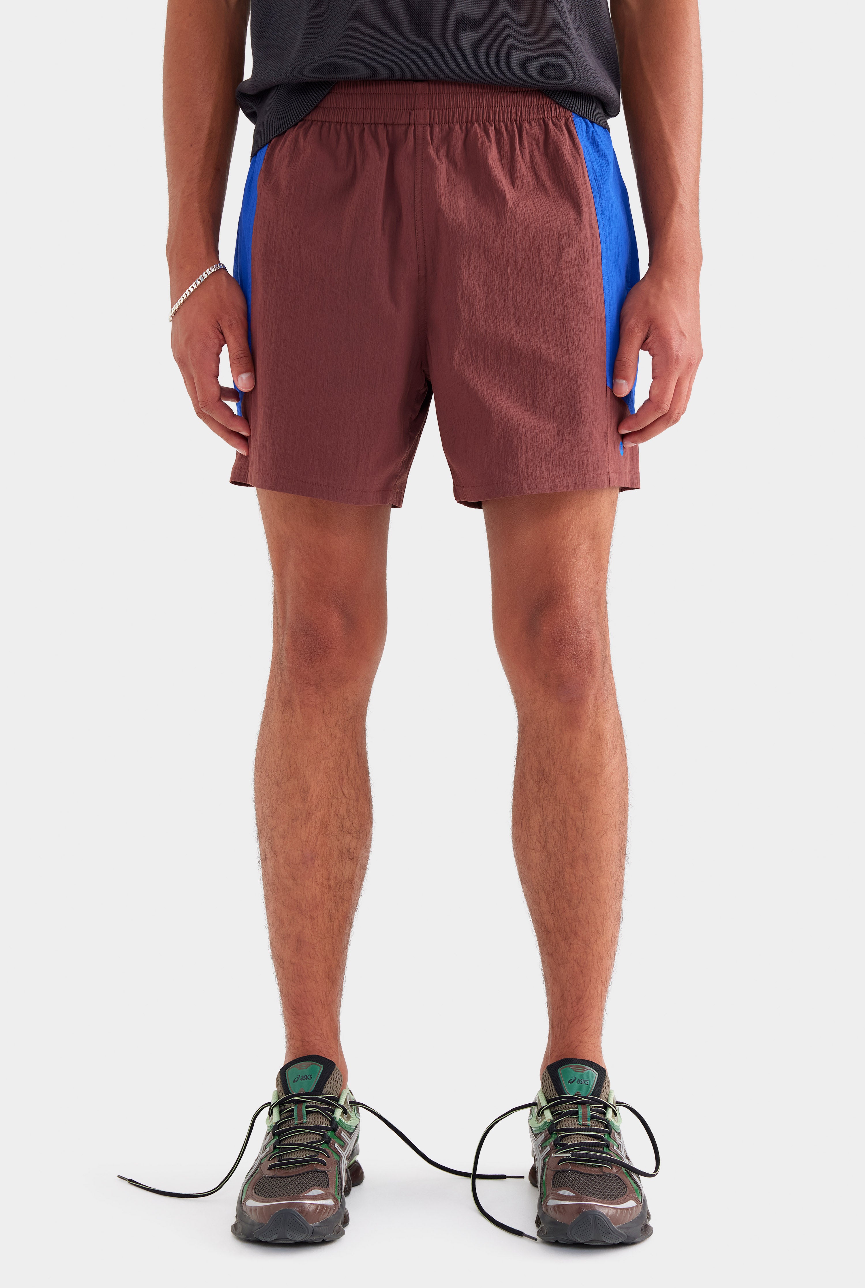 Panelled Nylon Track Shorts - Mahogany Brown/Sapphire Blue