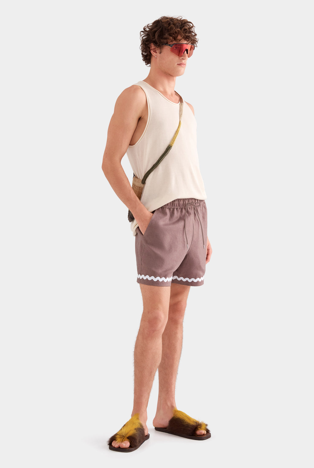 Trim Detail Linen Lounge Short - Iron/White