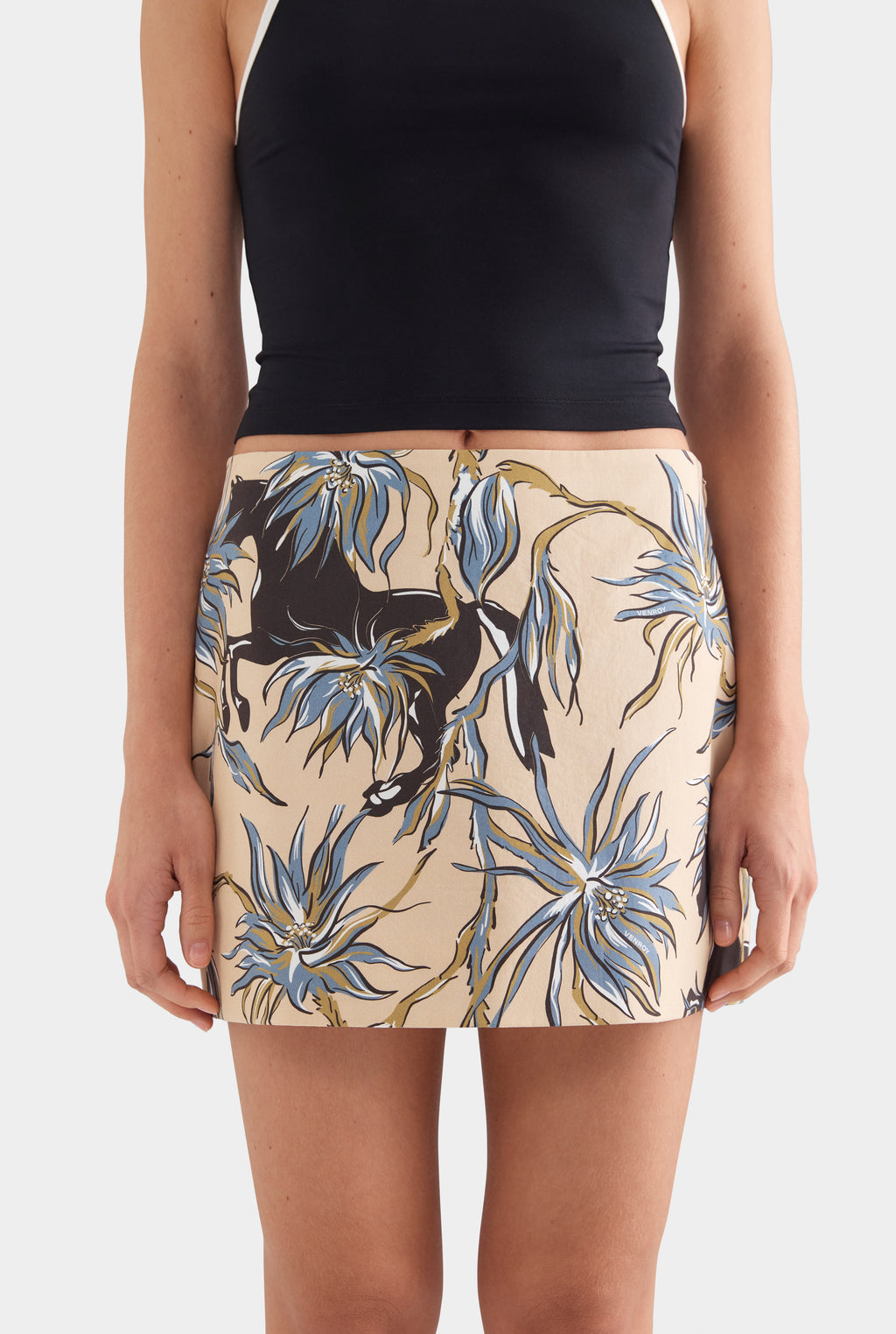 Cotton Mini Skirt - Beige Floral Horse Print
