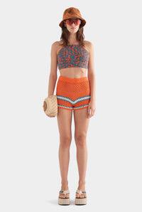 High Waist Crochet Cotton Mini Short - Orange/Teal/White