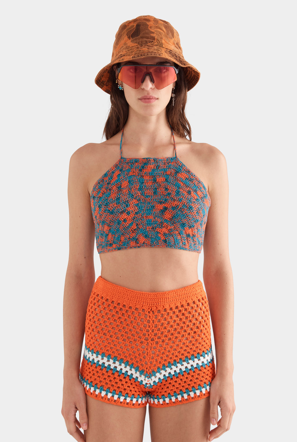 Cropped Crochet Cotton Halter Top - Orange/Teal/White
