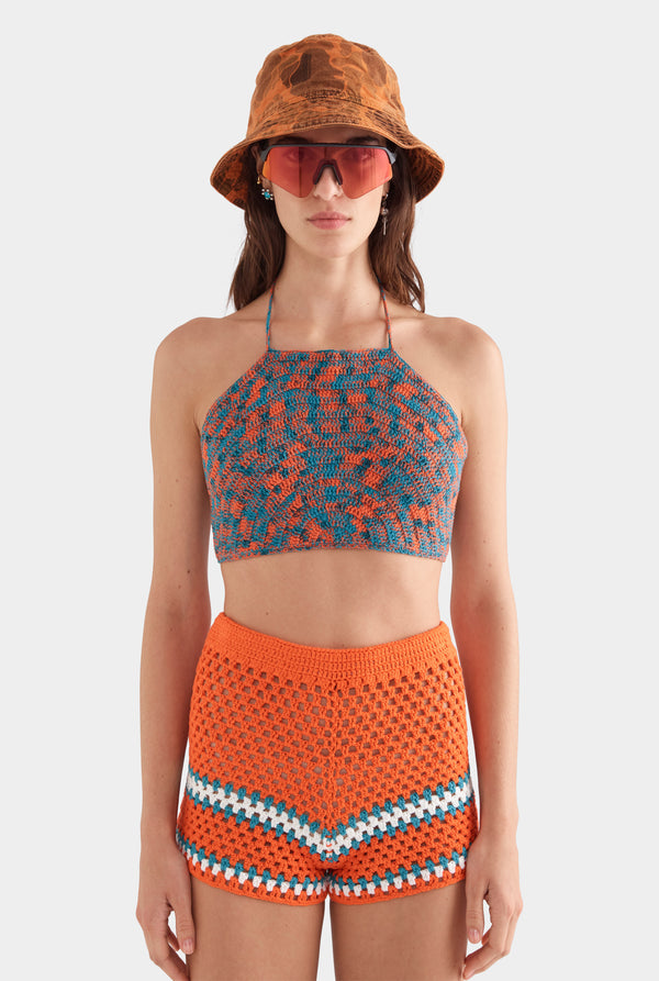 Cropped Crochet Cotton Halter Top - Orange/Teal/White