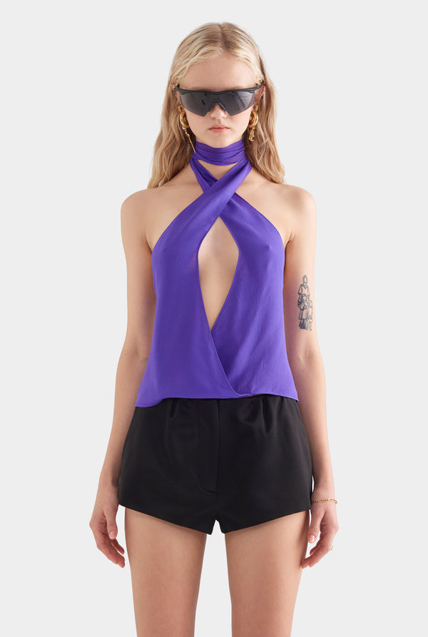 Cross Front Silk Scarf Top - Violet