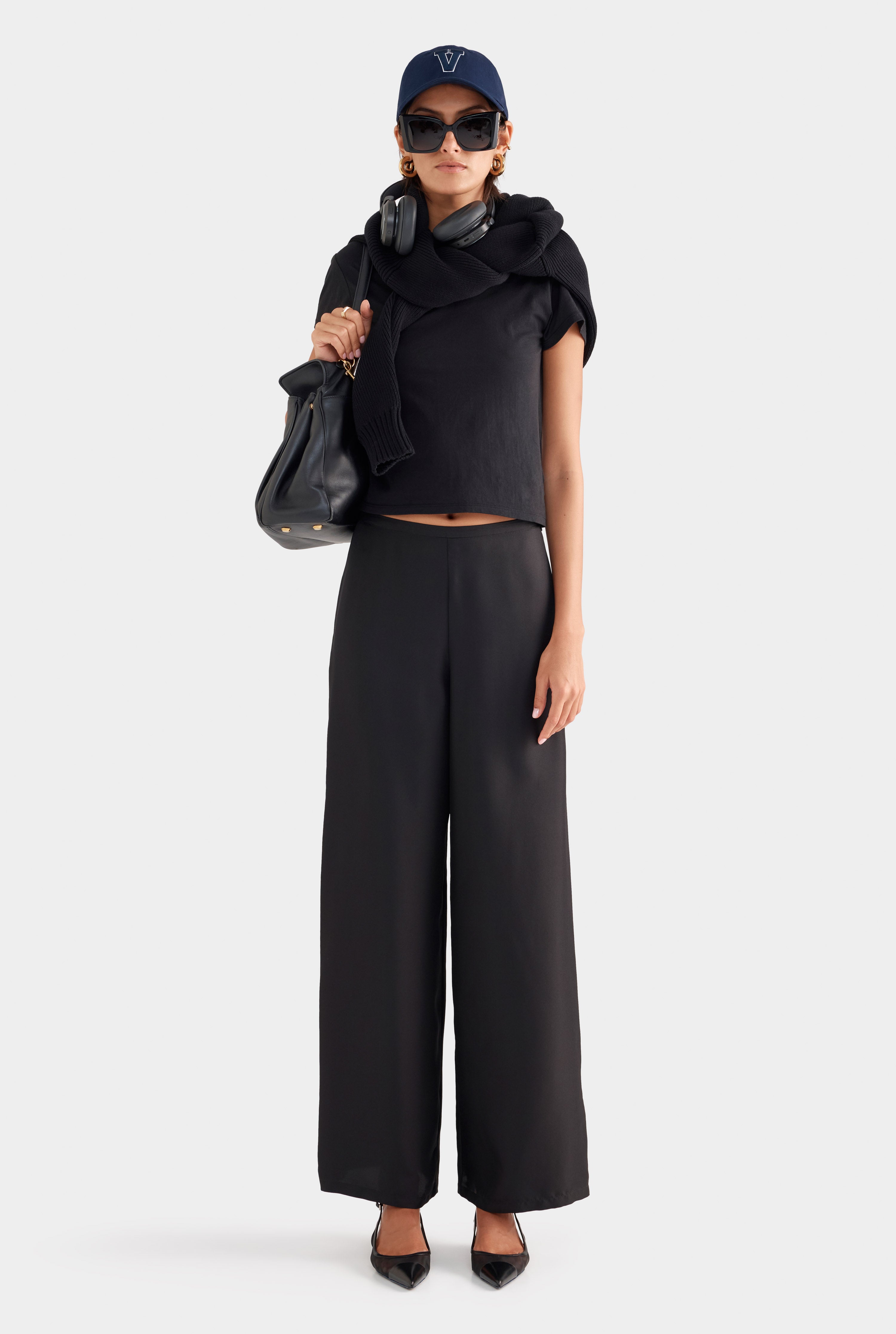 Flat Front Silk Pant - Black