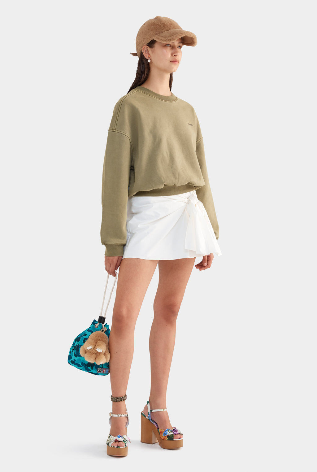 Tie Cotton Mini Skirt - White