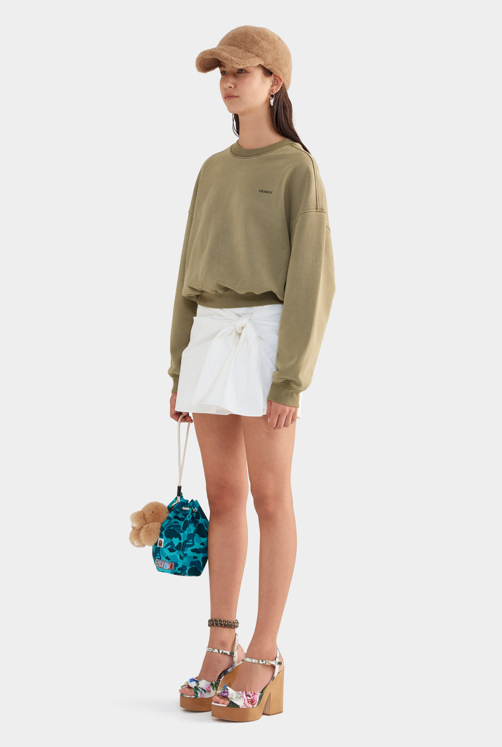 Tie Cotton Mini Skirt - White