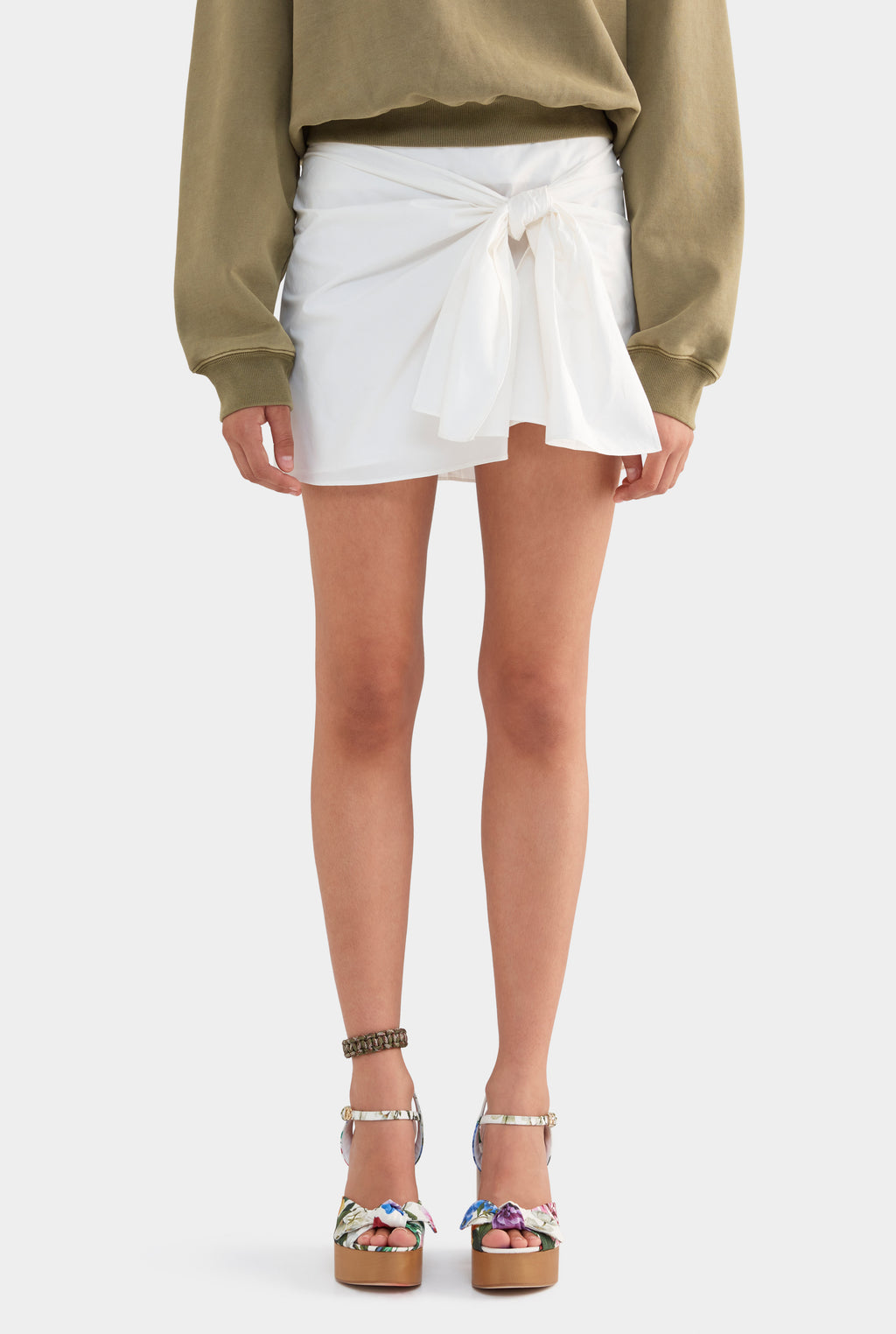 Tie Cotton Mini Skirt - White