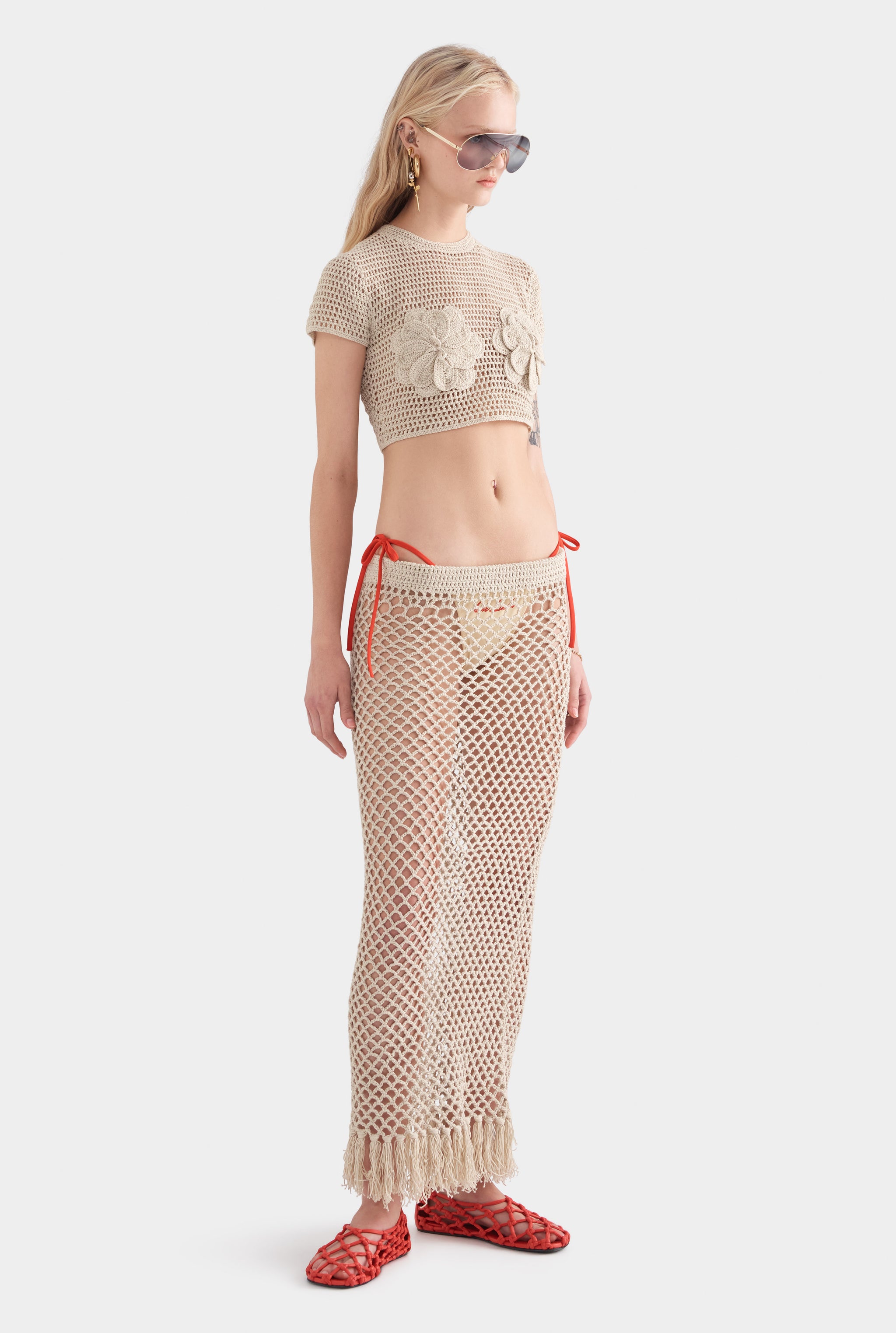 Fringed Crochet Cotton Midi Skirt - Natural