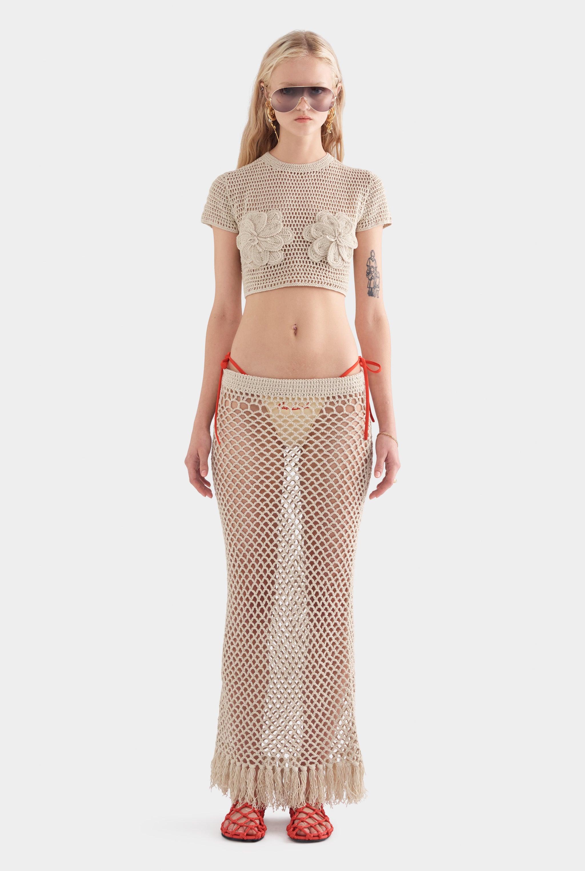 Fringed Crochet Cotton Midi Skirt - Natural