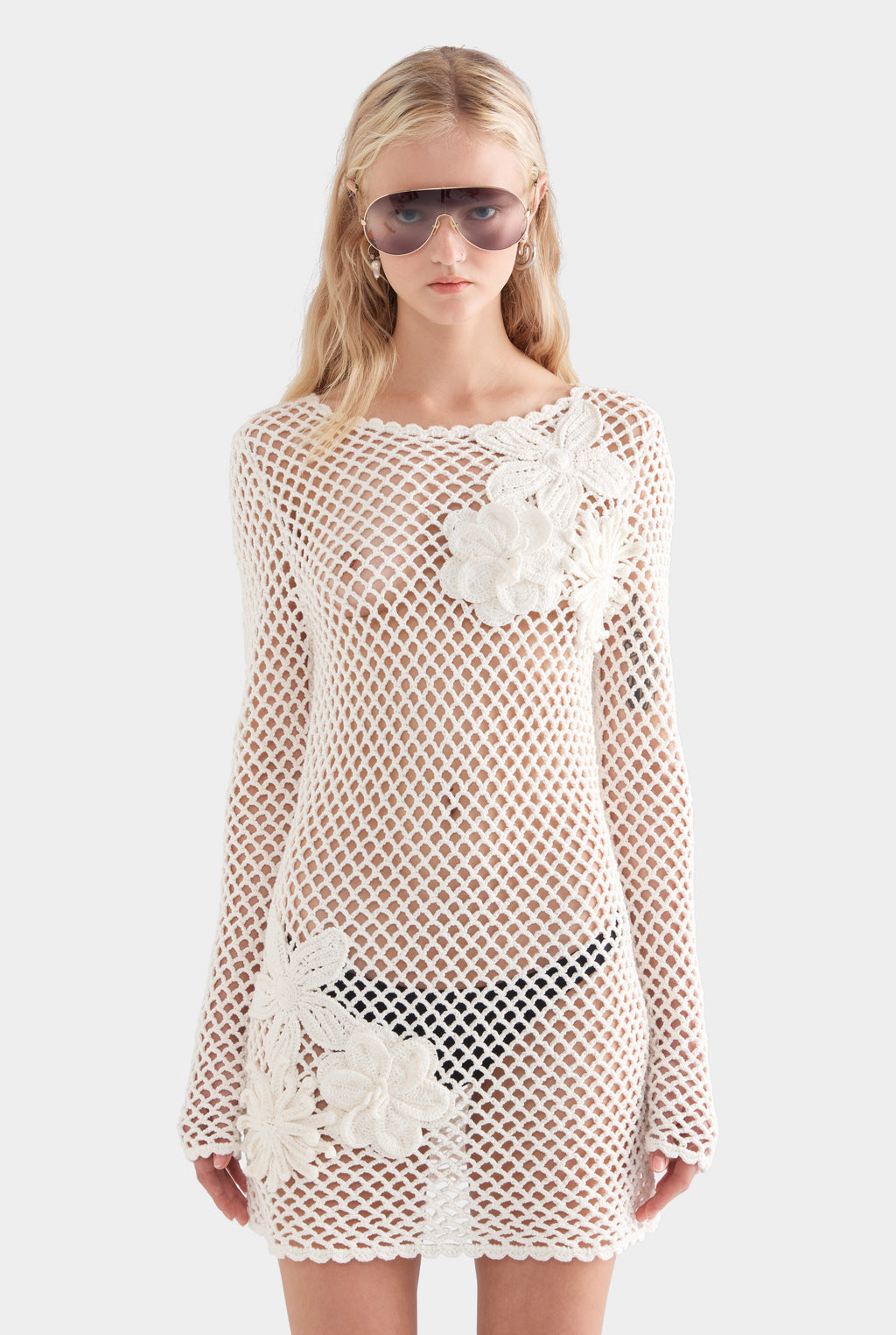 Floral Crochet Cotton Mini Dress - White