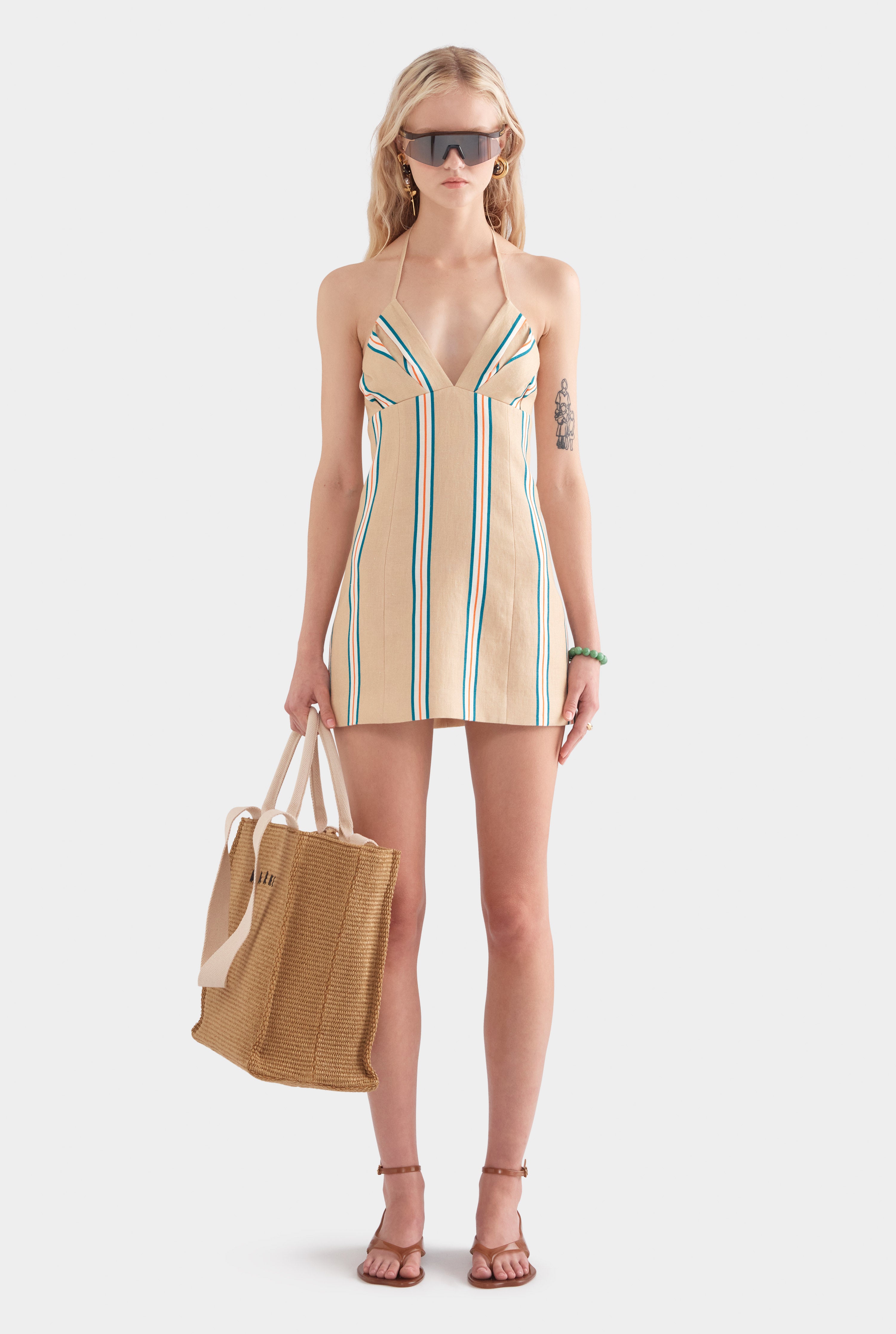 Halter Linen Mini Dress - Hazelnut/Teal/Orange Stripe