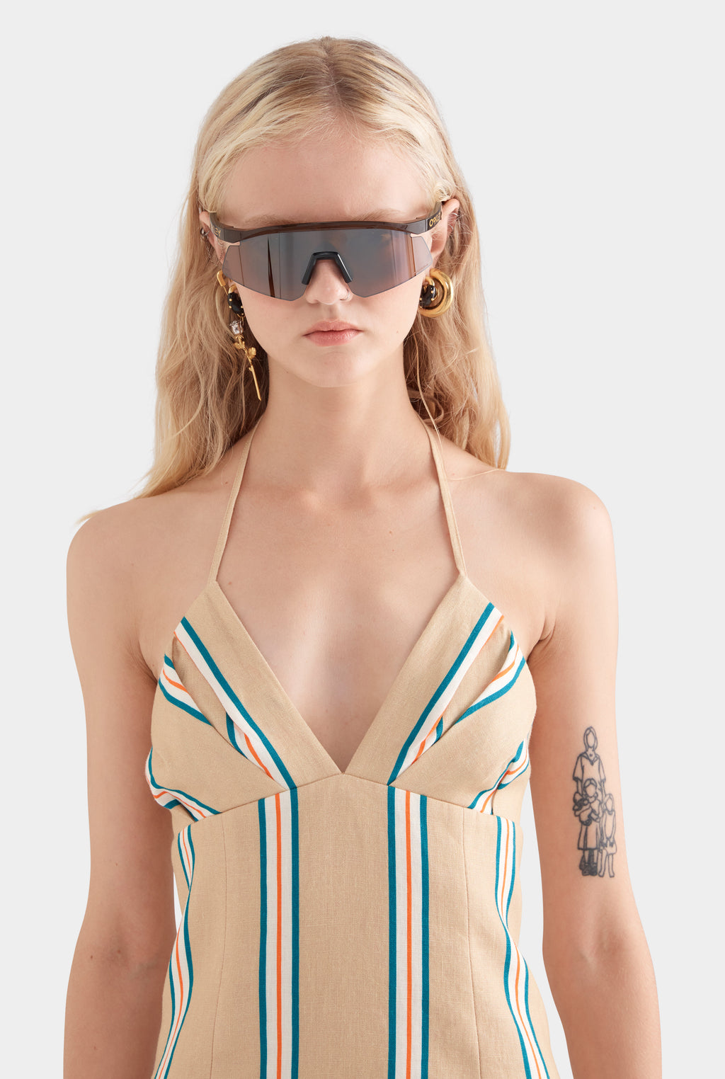 Halter Linen Mini Dress - Hazelnut/Teal/Orange Stripe