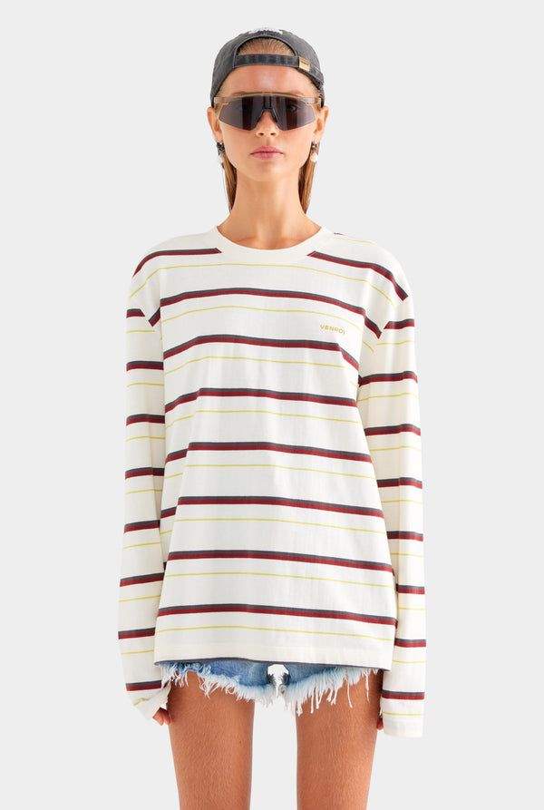 Long Sleeve Striped T Shirt - Cream/Mahogany Brown/Yellow Stripe