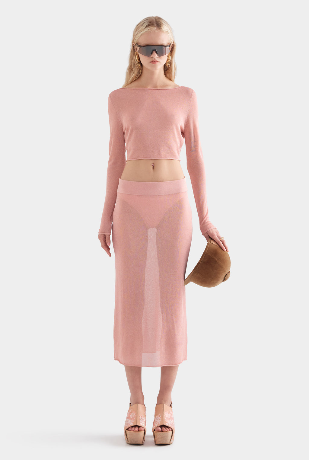 Womens Lurex Knit Midi Skirt in Light Pink Venroy – VENROY