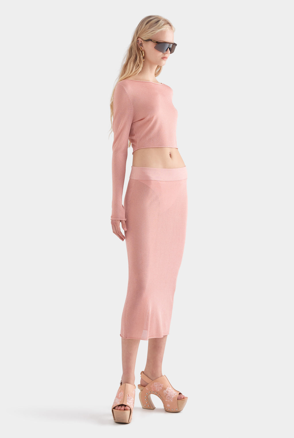 Lurex Knit Long Sleeve Cropped Top - Light Pink