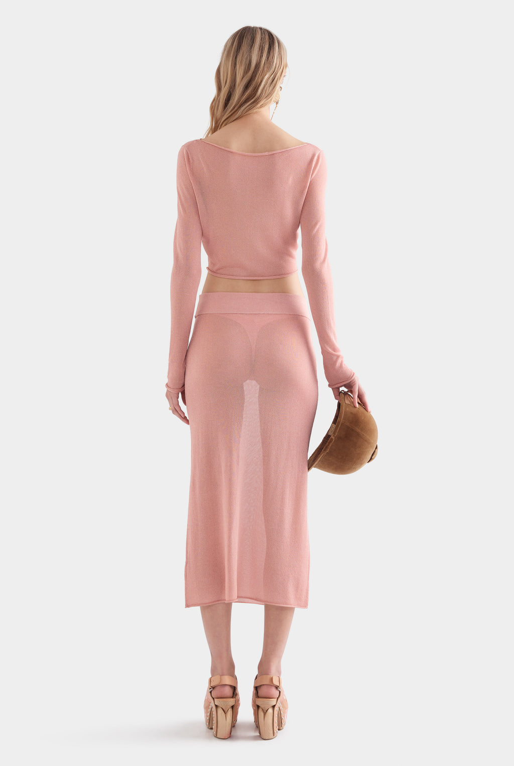 Lurex Knit Long Sleeve Cropped Top - Light Pink