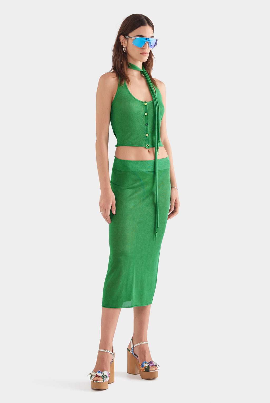 Lurex Knit Scarf Halter Top - Bright Green