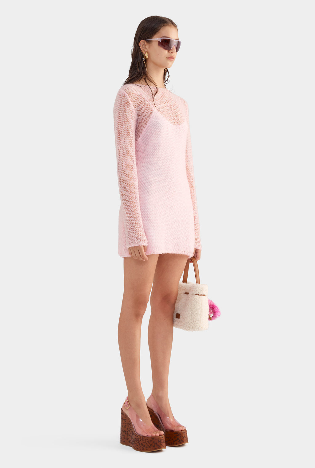 Mohair Open Knit Mini Dress - Light Pink