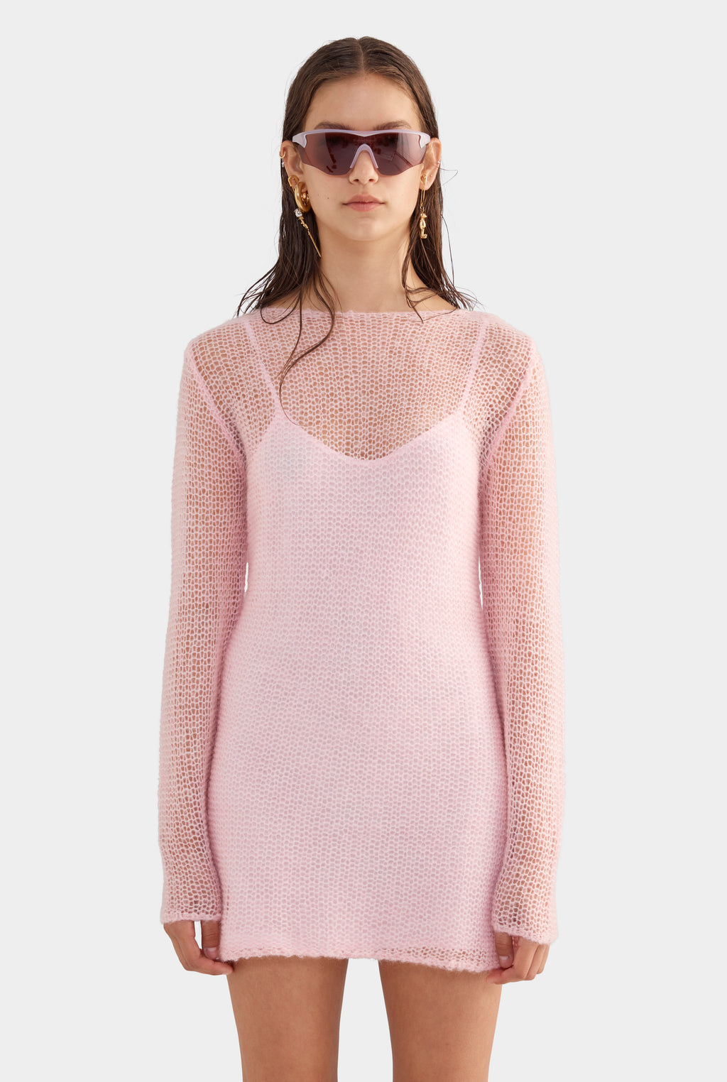 Mohair Open Knit Mini Dress - Light Pink