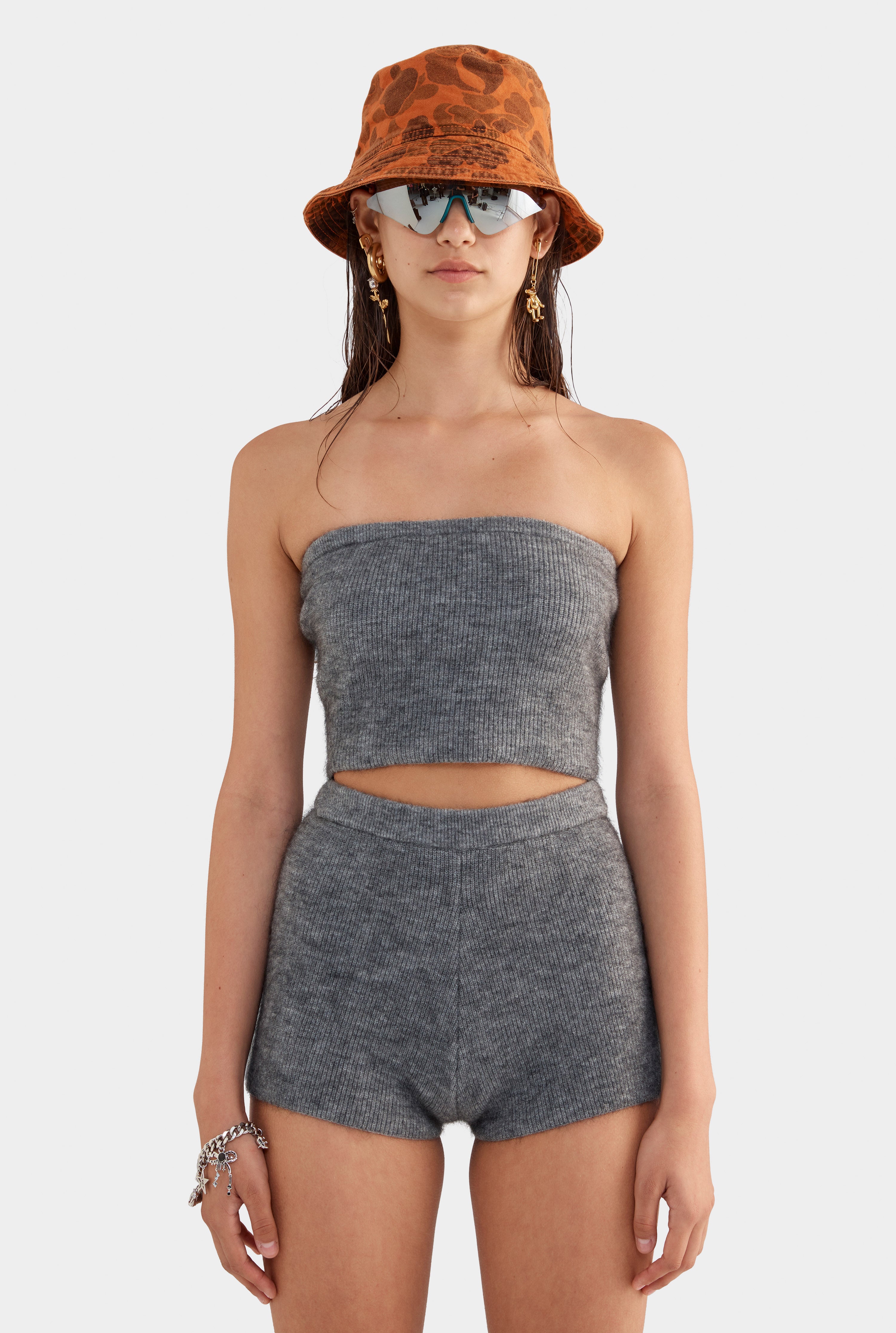 Mohair Wool Knit Strapless Top - Dark Grey Marl