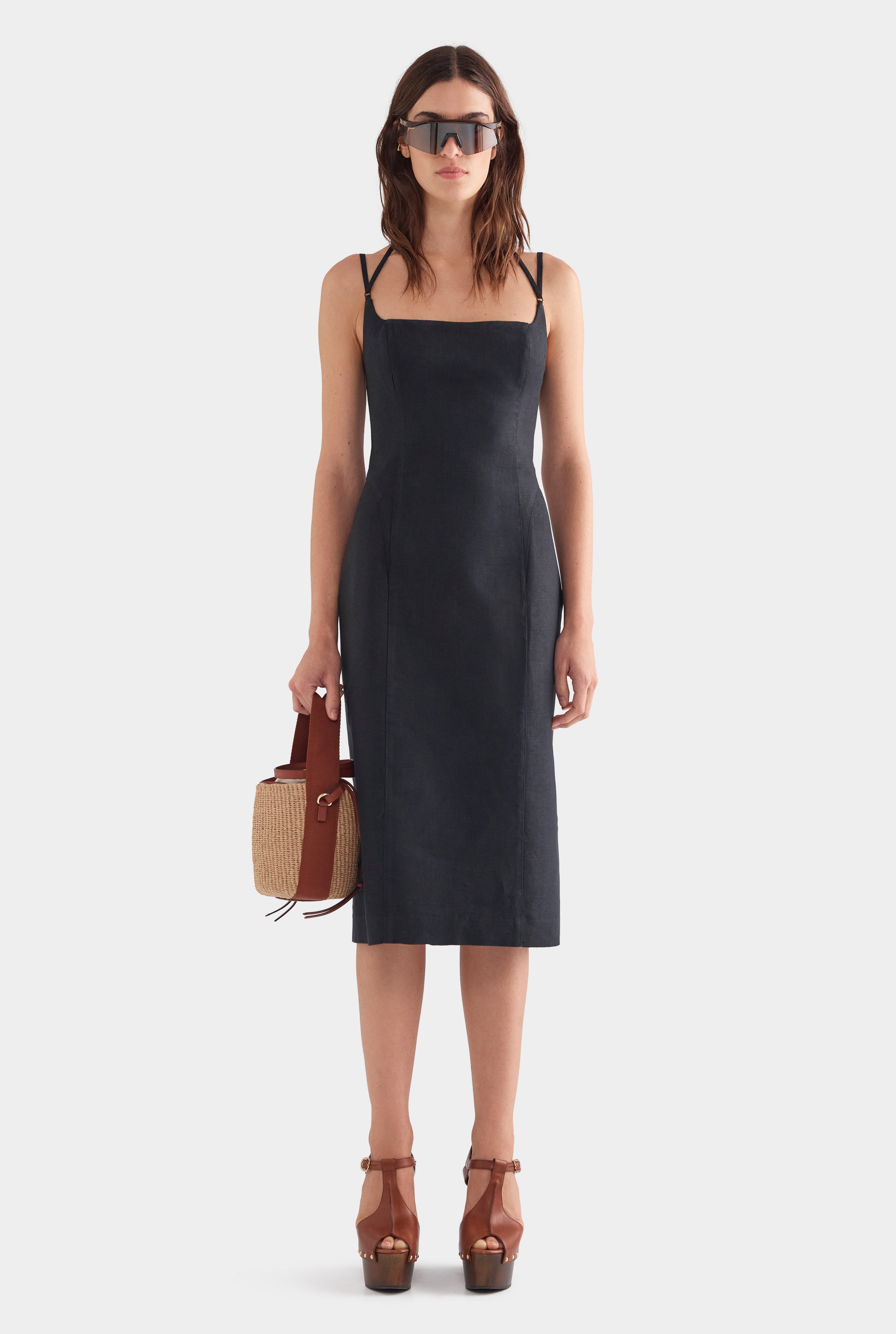 Panelled Linen Midi Dress - Black