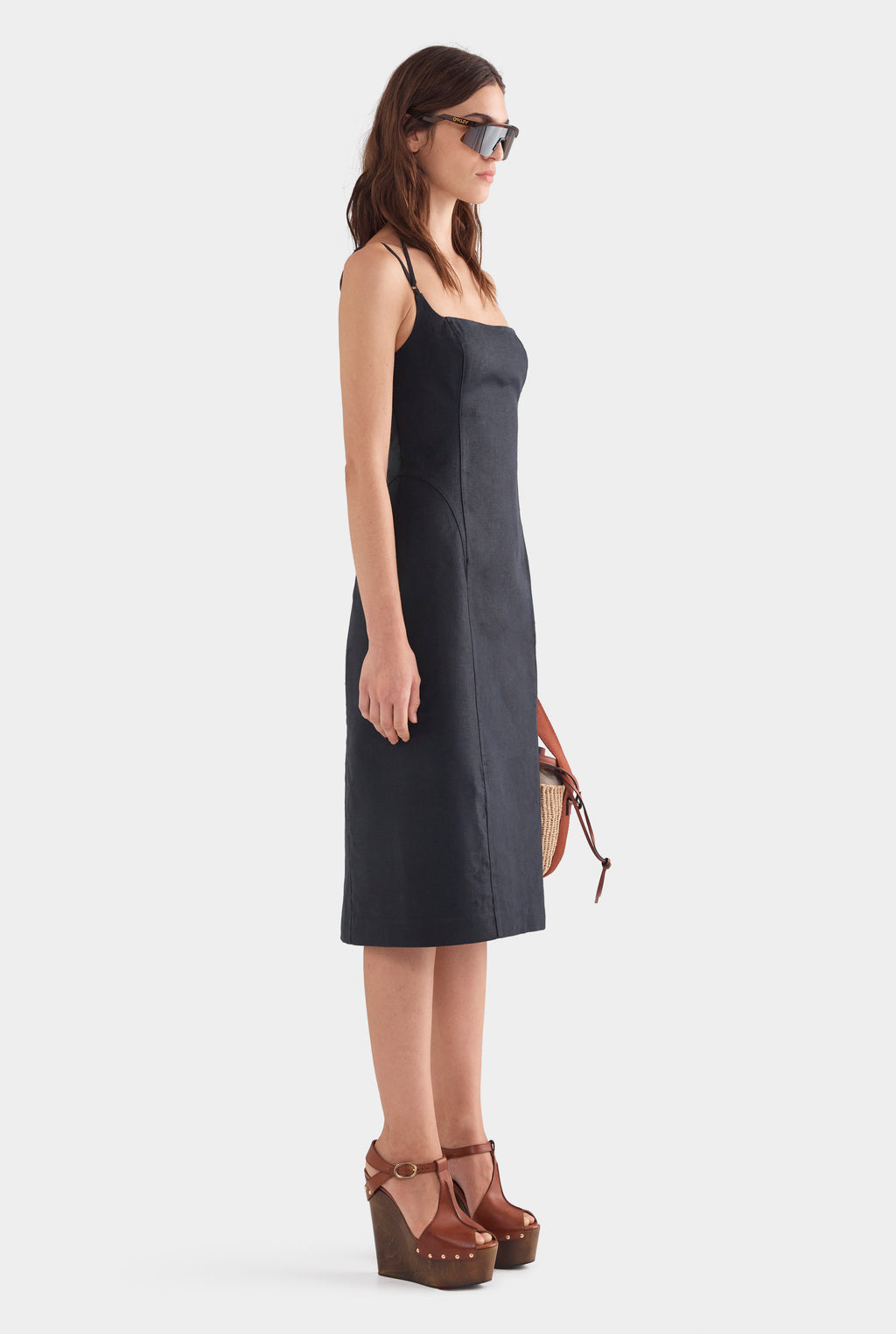 Panelled Linen Midi Dress - Black