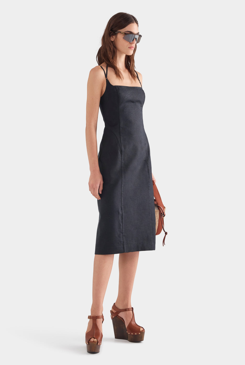 Panelled Linen Midi Dress - Black