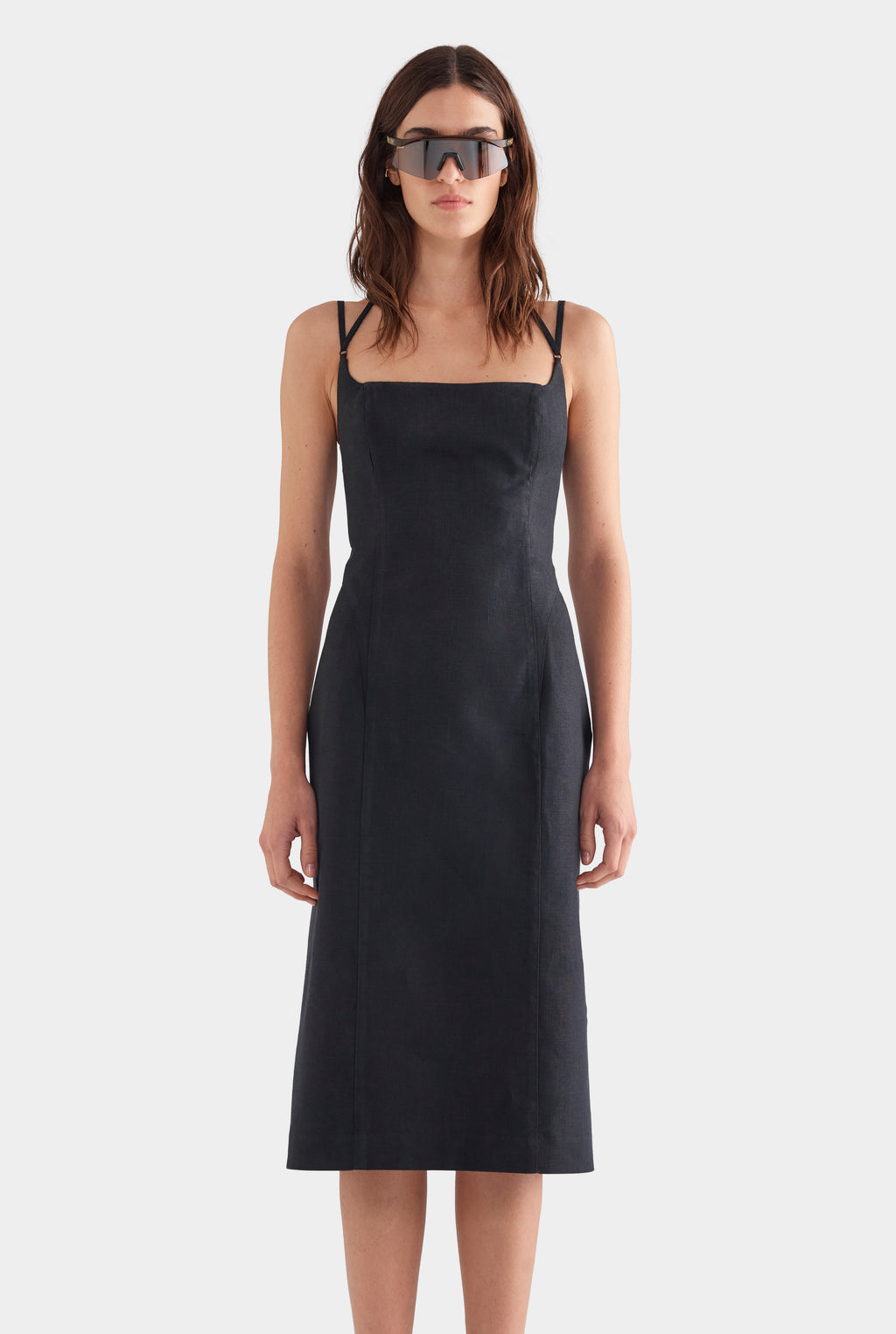 Panelled Linen Midi Dress - Black
