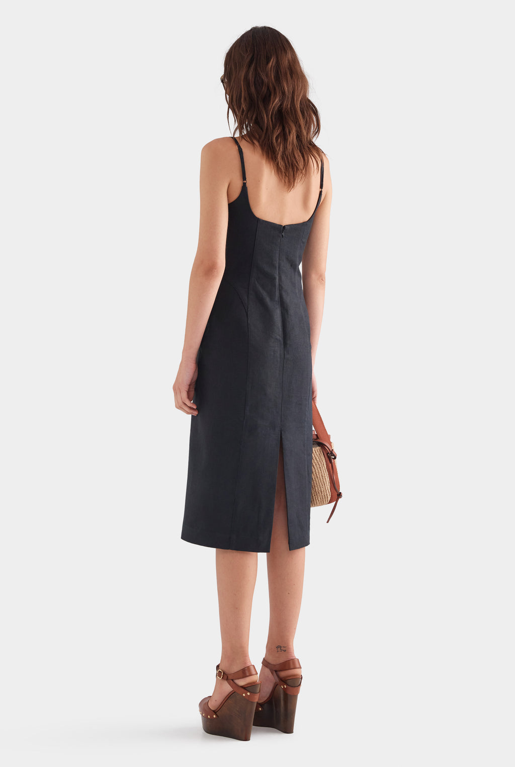Panelled Linen Midi Dress - Black