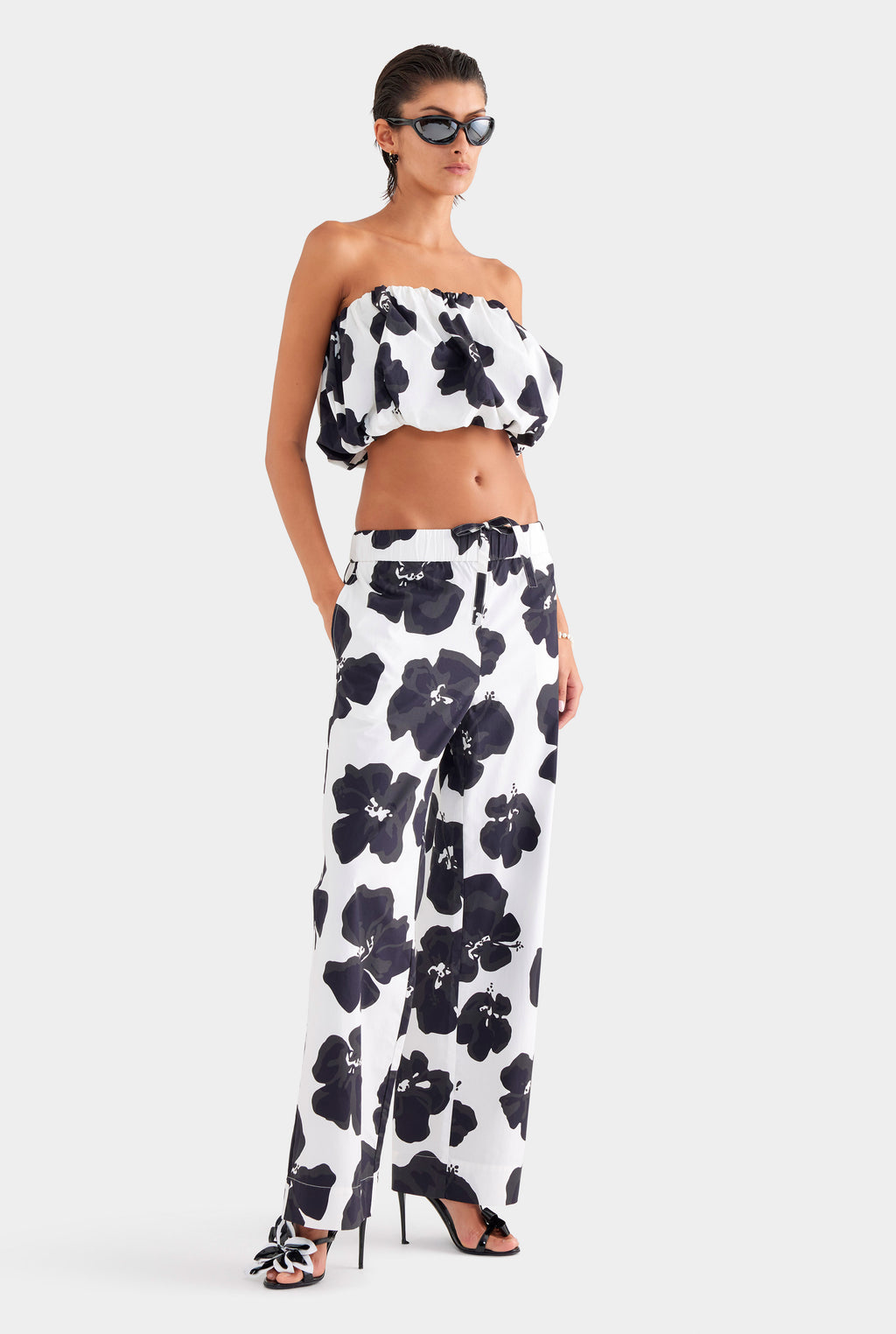 Printed Heavy Cotton Poplin Pant - White/Black Hibiscus