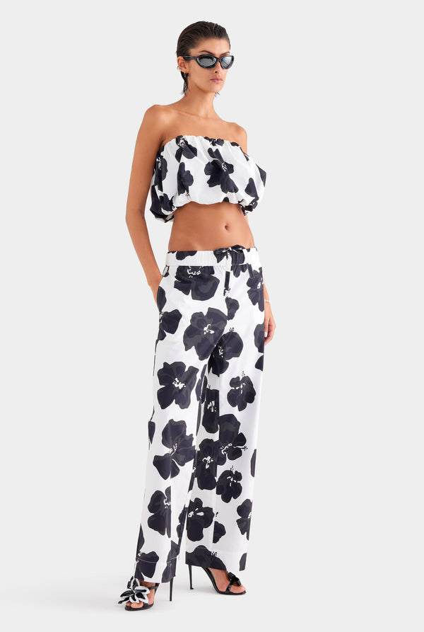 Printed Heavy Cotton Poplin Pant - White/Black Hibiscus
