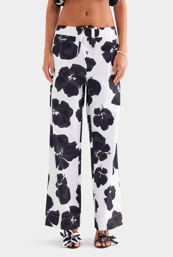 Printed Heavy Cotton Poplin Pant - White/Black Hibiscus